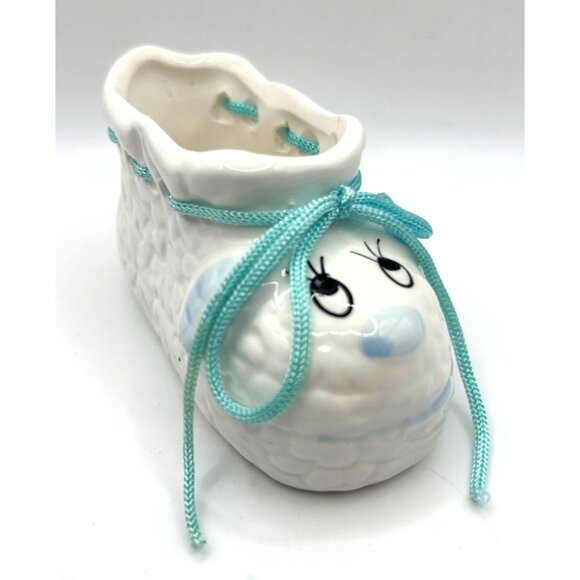 Vintage Ceramic Baby Shoe Planter Blue Laces Adorable Face Shower Gift - Picture 1 of 9
